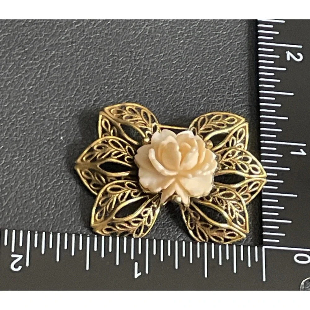 Vintage Filigree Bow Brooch Victorian Revival Gold Tone Peach Flower Pin Jewelry